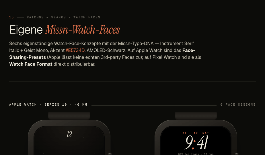 Six Missn watch faces — italic serifs on AMOLED black, rendered on Apple Watch and Pixel Watch.