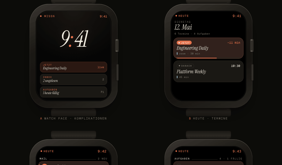 Missn for Apple Watch — Heute tab with running event, mail, and tasks.