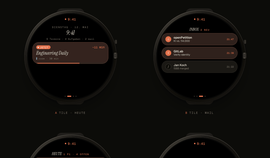 Missn for Pixel Watch — round-display Tiles for Heute, Mail, and Aufgaben.