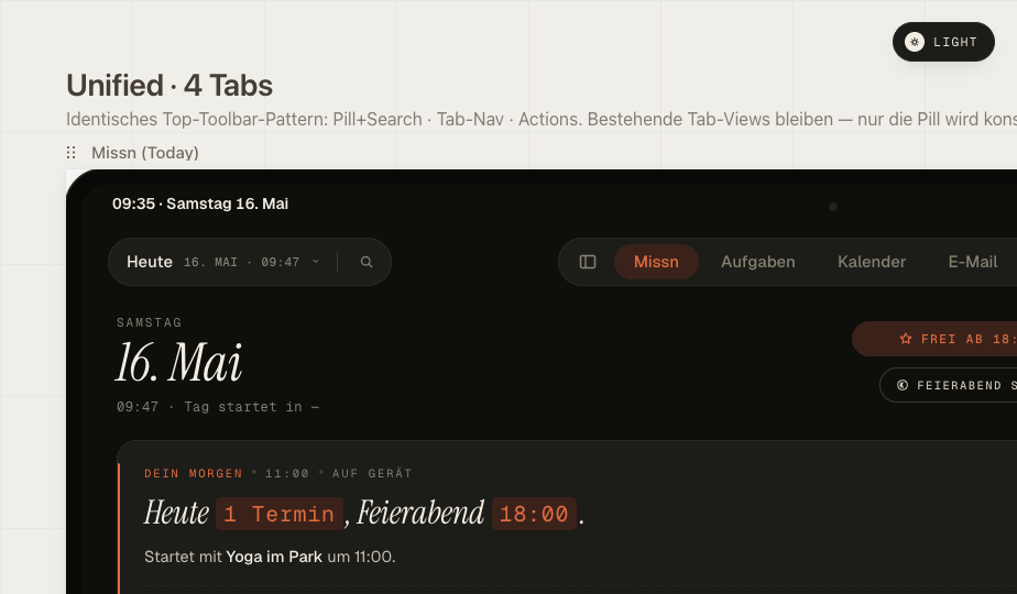 Missn for iPad — unified pill-toolbar, four tabs, day overview.