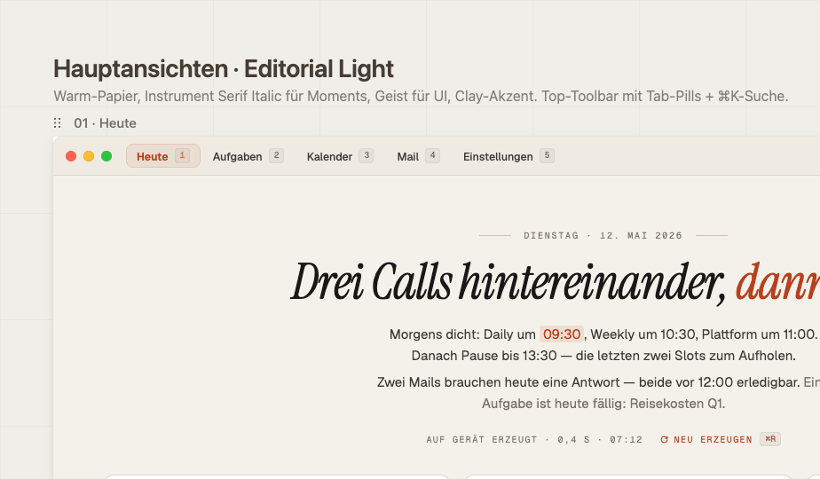 Missn for macOS — editorial day overview with menubar widget.