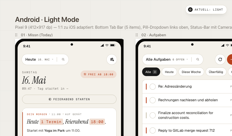 Missn for Android — Pixel 9, light + dark.