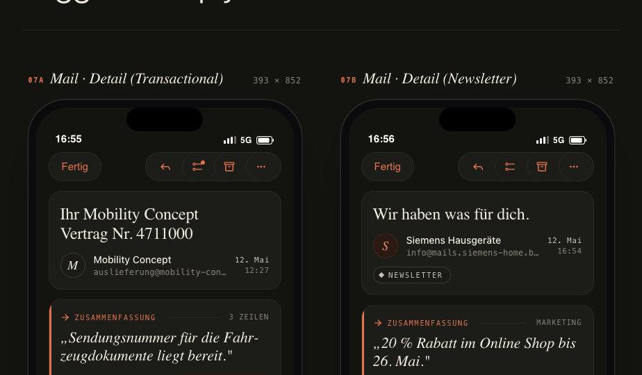 Mail detail screen showing a four-line AI summary of a customer-service email — generated on-device.